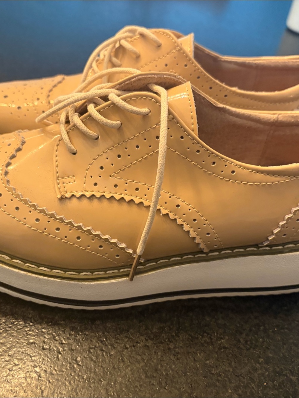 Patent Leather Wingtip Oxfords in Mustard Yellow - Women